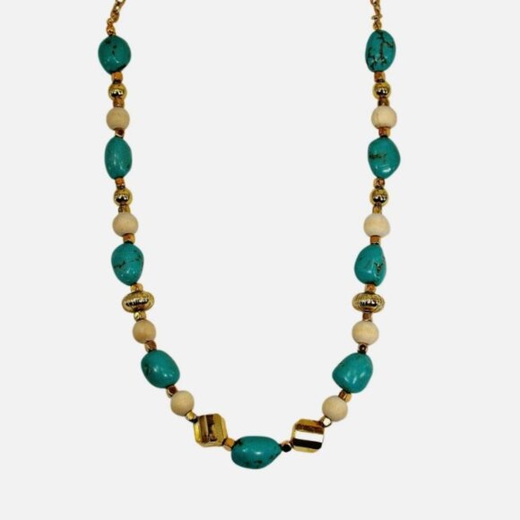 Turquoise stone necklace mixed with white wood beads and gold beads. - Picture 3 of 12